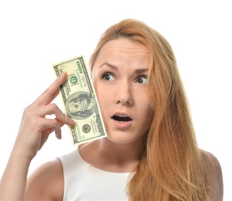 Happy Young Woman Holding Up Cash Money Five Hundred Euro Stock Photos