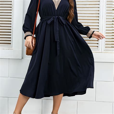 Plus Size Contrast Lace V Neck Under Knee Dress Plus Size Solid Elegant Long Sleeve Dress