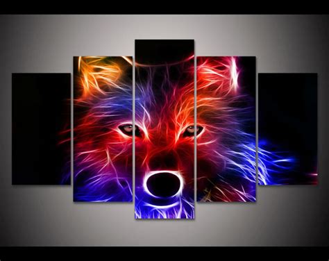Hd Print 5 Pieces Colored Wolf Canvas Wall Art Print Painting Canvas