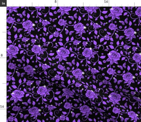 Floral Purple Roses Fabric Leaves Leaf Vines Butterfly Etsy