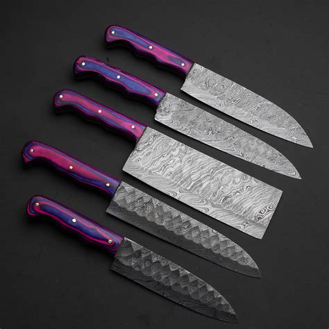 Hand Forged Damascus Knives Set Of 5 Pieces Plum Pakkawood