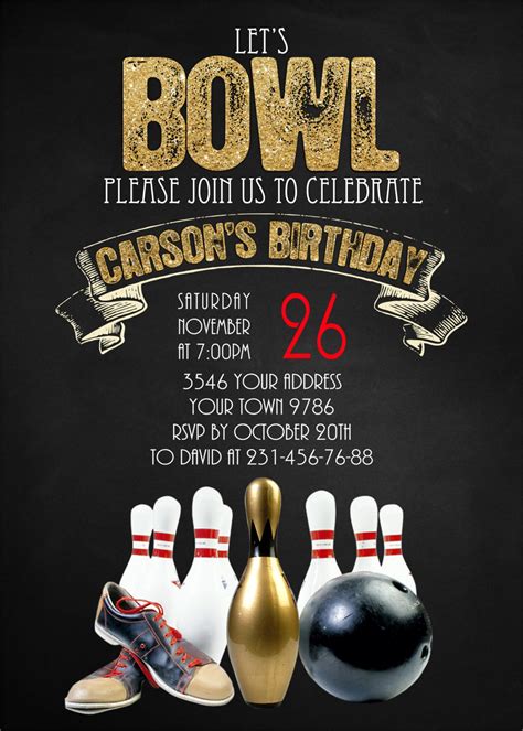 Bowling Party Invitation Lets Bowl Gold Glitter And Etsy