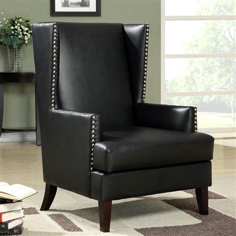 Modern Wing Back Design Accent Chair With Nailhead Trim Black Faux