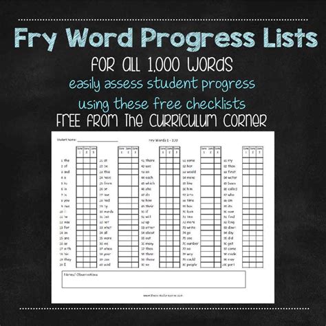 Fry Word Progress Lists For All 100 Words Using These Free Checklists