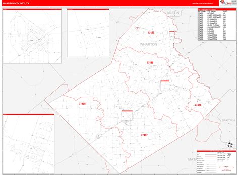 Wharton County Tx Zip Code Wall Map Red Line Style By Marketmaps