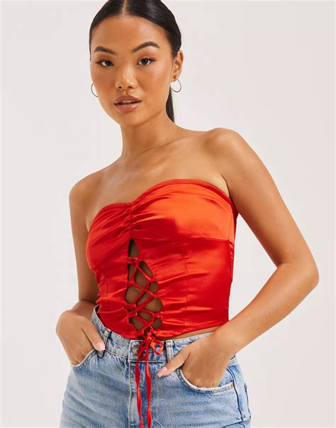 Køb Public Desire Satin Ruched Bustier Lace Up Top Red