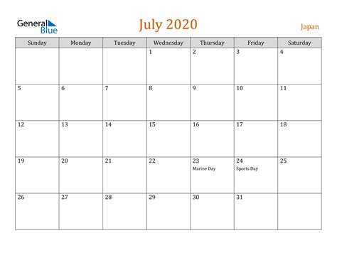 Japan July 2020 Calendar With Holidays