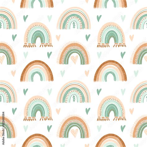 Seamless Pattern Of Hand Drawn Hearts And Boho Rainbow In Pastel Mint