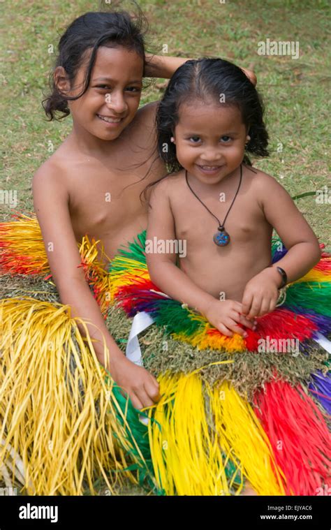 Little Yapese Girls In Traditional Clothing Yap Island Federated States Of Micronesia Stock