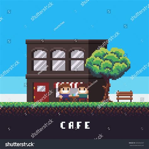 An Old Pixel Style House With Two People Sitting On The Bench In Front