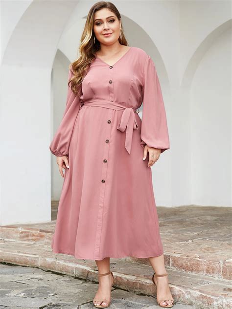 Plus Size Pink With Belt V Neck Long Sleeves Dress Giopaci In 2020
