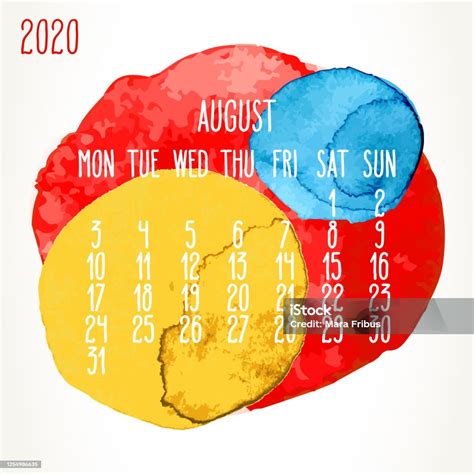 August Year 2020 Watercolor Paint Monthly Calendar Stock Illustration