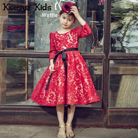 Kseniya Kids 2017 Winter Red Lace Long Sleeved Dress Girls Puff
