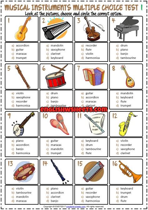 Musical Instruments Esl Printable Multiple Choice Tests Instrument