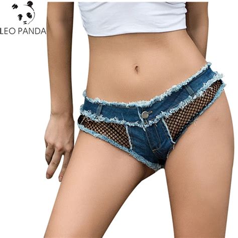 sexy nightclub women low waist denim thong shorts tassel micro mini jeans shorts female netting