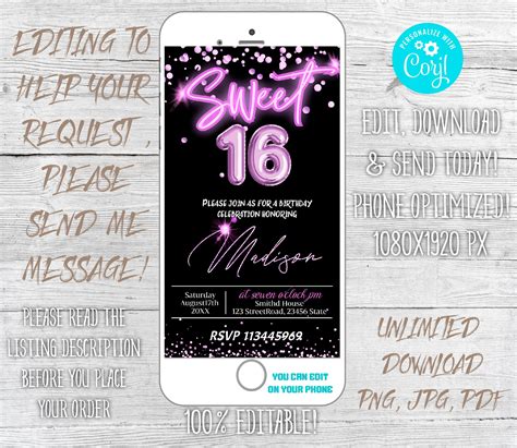 Sweet 16 Digital Birthday Invitation 18th Etsy Electronic