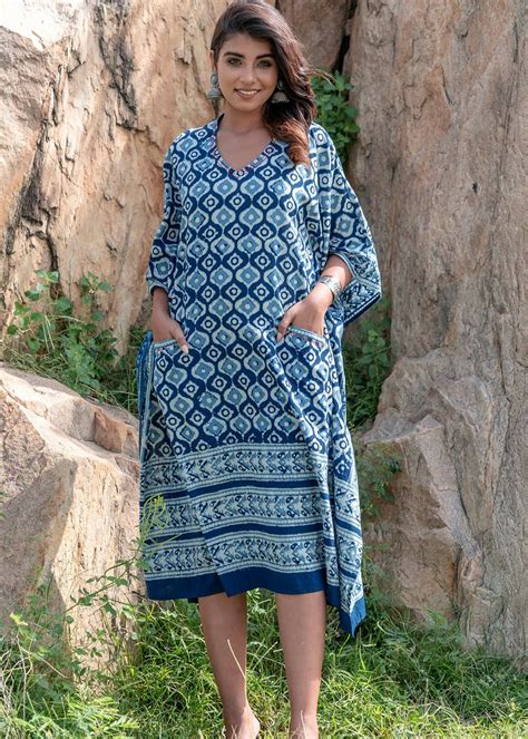 Get Indigo Block Printed Cotton Kaftan Dress At ₹ 1949 Lbb Shop
