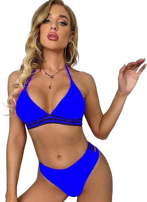 Womens 2 Piece Swimsuit Solid Color Stitching Mesh Halterneck Sexy