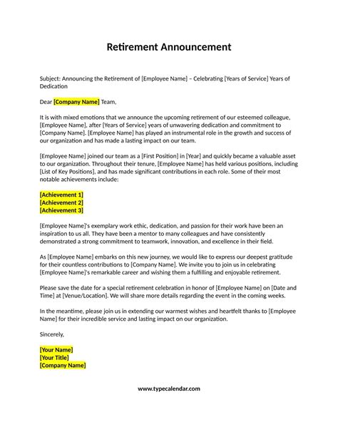 Free Printable Retirement Announcement Letter Template Pdf Word
