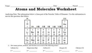 Atoms And Molecules Worksheet By Beverly Biology TpT