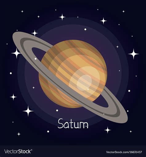 Saturn Planet In Space With Stars Shiny Cartoon Vector Image