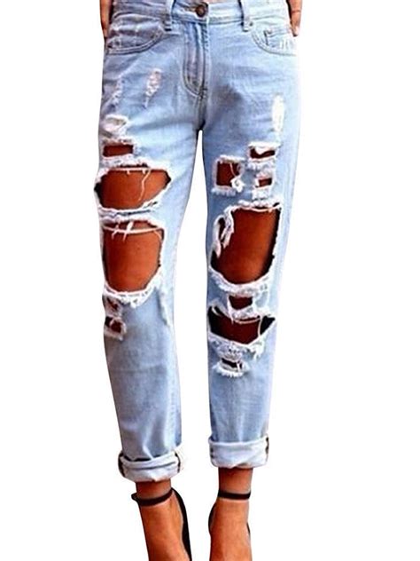 Womens Ripped Trousers Destroyed Hole Jeans Biker Loose Denim Skinny