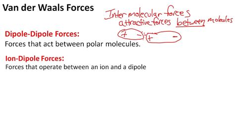 The relatively weak attractive forces that act on neutral atoms and molecules and that arise because of the electric polarization induced in each of the particles by the presence of other particles. Van der Waals Forces - YouTube