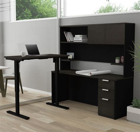 Modern L Shaped Desk With Hutch With Height Adjustable Side