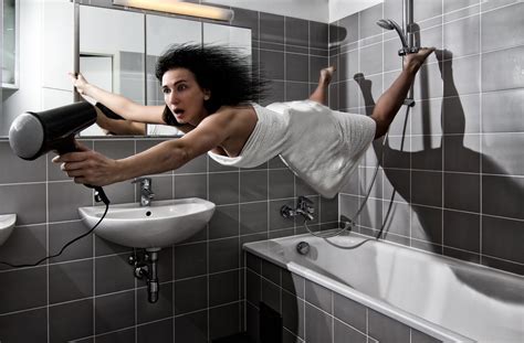 Wallpaper Women Model Brunette Long Hair Bathroom Hair Dryers Photo Manipulation Tiles