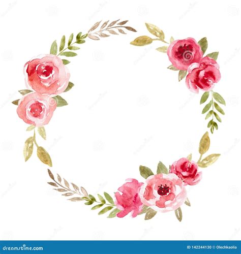 Watercolor Floral Wreath With Pink Flowers Rose Frame Hand Painted