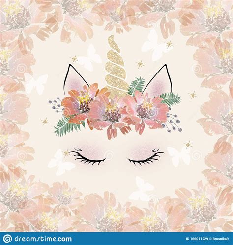 The Face Of A Cute Unicorn In Flowers Stock Illustration