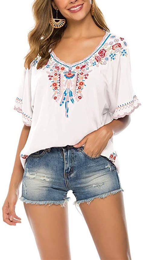 Summer V Neck Boho Embroidery Mexican Peasant Bohemian Casual Tops