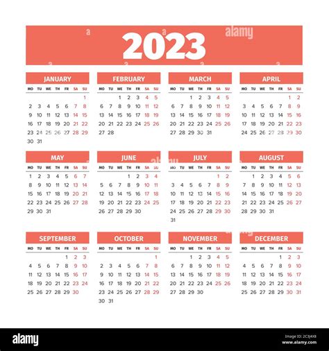 2023 Calendar With The Weeks Start On Monday Stock Vector Image And Art