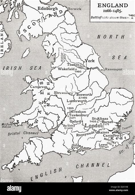 A Map Of England 1066 1485 Battlefields Marked With Crossed Swords