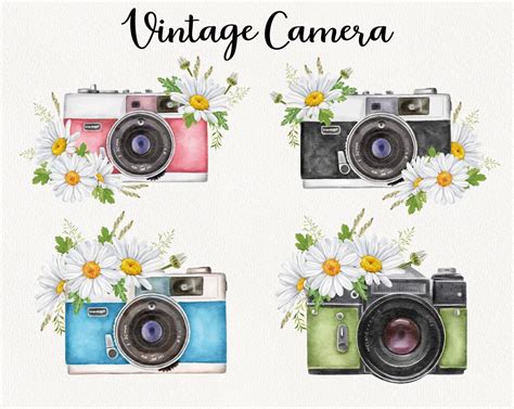 Floral Vintage Camera Clipart Watercolor Retro Photo Cameras Etsy