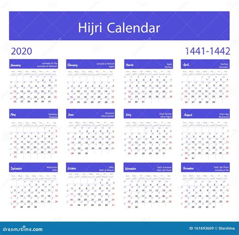 1441 1442 Hijri Calendar And Gregorian Calendar Year 2020 Week Starts