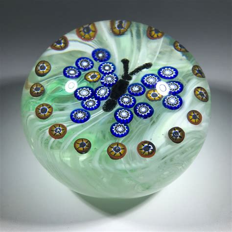 Vintage Gentile Art Glass Paperweight Millefiori Butterfly On Mottled The Paperweight Collection