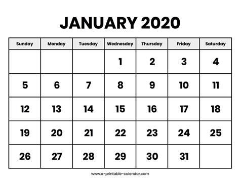 January 2020 Calendar Printable A Printable Calendar