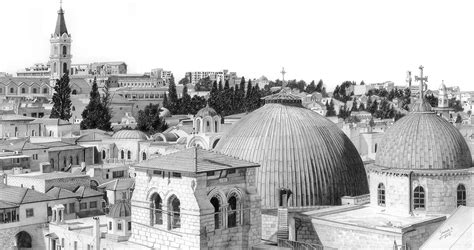 Holy Sepulchre Panorama Artwork Black And White City Of Jerusalem