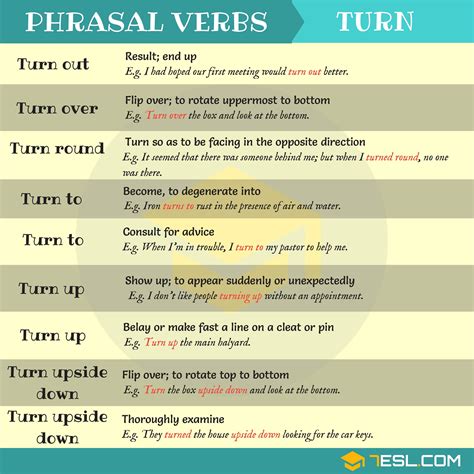 60phrasal Verbs With Turn Turn Around Turn Back Turn On Turn Up
