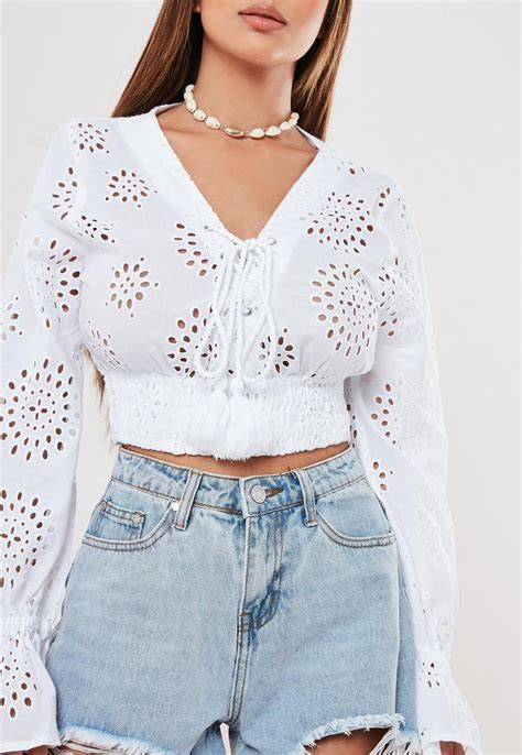 White Broderie Anglaise Lace Up Crop Top | Missguided