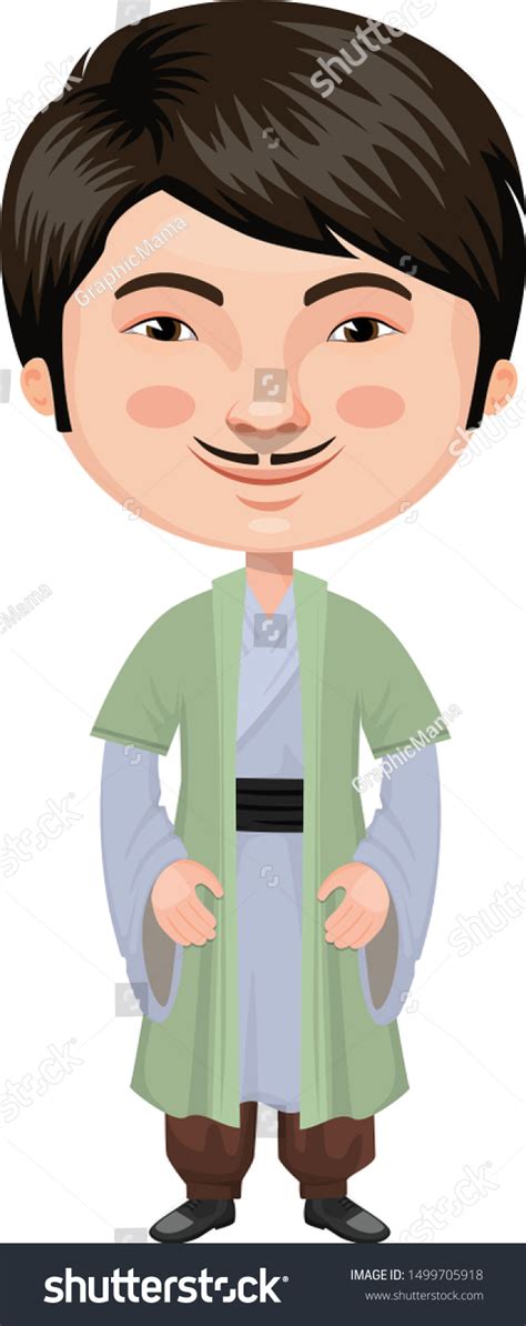 Charming Chinese Man Cartoon Character Mustache Stock Vector Royalty