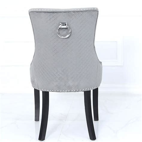 Shop natural dining table & black linen chairs at horchow, where you'll find new lower shipping on hundreds of home furnishings and gifts. Grey Velvet Dining Chair With Studded Trims And Ring Knocker Back | Picture Perfect Home
