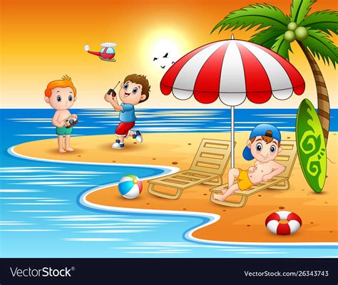 Happy Boys Playing In Beach Royalty Free Vector Image