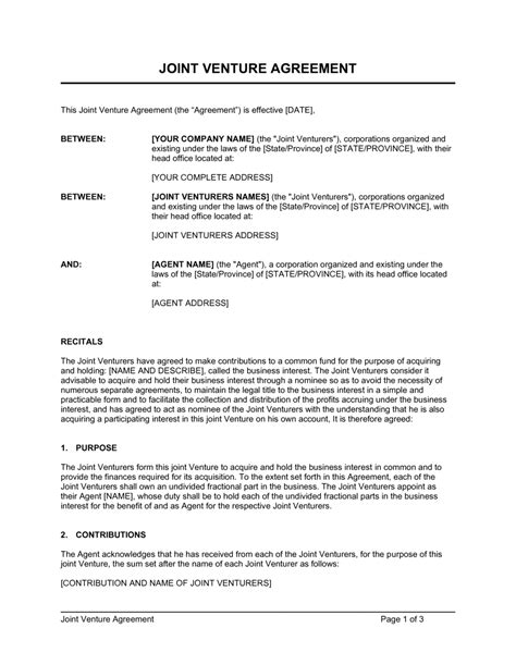 Joint Venture Agreement 2 Template By Business In A Box