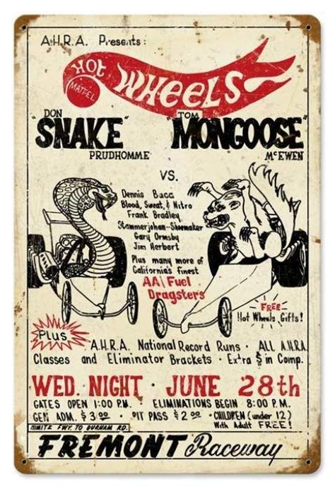 Vintage Snake Vs Mongoose Metal Sign 12 X 18 Inches Hot Wheels Drag