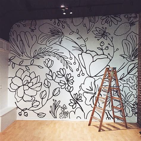 Beautiful Handdrawn Floral Black And White Wall Mural “finished Our