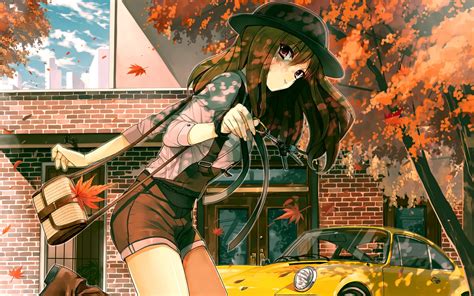 Autumn Girl Anime Yellow Car Tree Sunlight Wallpaper 1920x1200