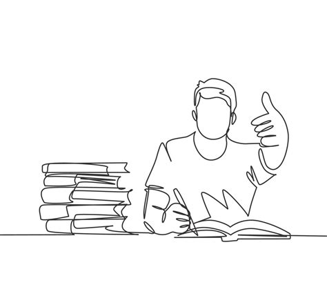 One Line Drawing Of Young Happy Male College Student Studying And