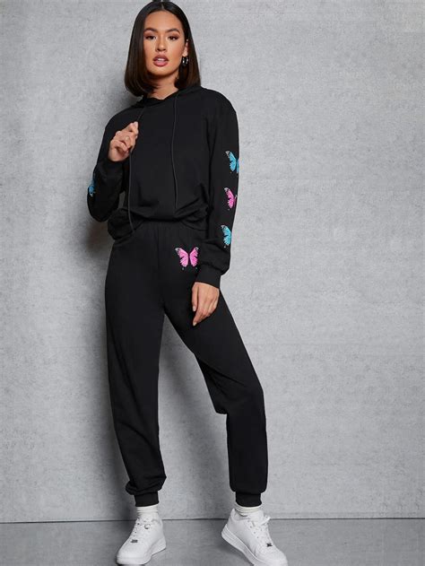 Butterfly Print Drawstring Hoodie And Sweatpants Set Shein Usa In 2021